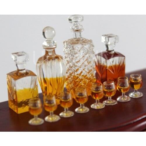 1/12 Scale Miniature Dollhouse Decanters with 2 Glasses Mini Wine Bottle Model Pretend Play Kitchen Toy Accessories