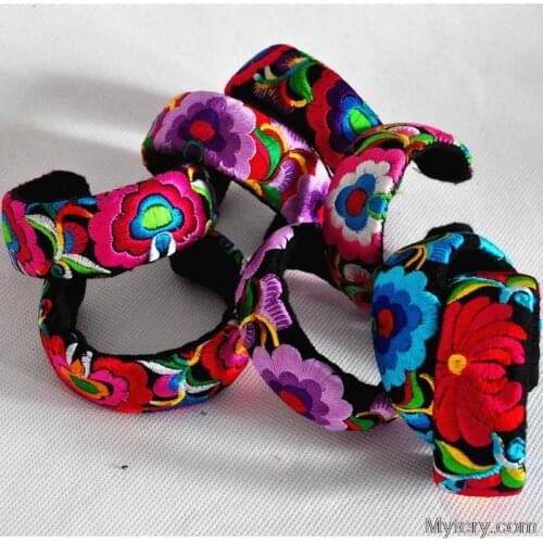 10PCS Bohemia Embroidery Fashion Open Cuff Bangles for Girls Chinese Miao Ethnic Bracelets for Lady