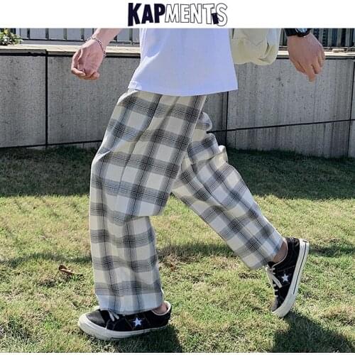 KAPMENTS Men Korean Fashions Harem Plaid Pants 2021 Spring Mens Wide Legs Streetwear Loose Harajuku Joggers Male Casual Trousers