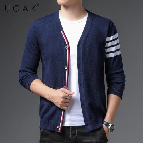 UCAK Brand Classic Casual Turn-down Collar Cardigan Men Sweatercoat Clothing Autumn Streetwear Striped Cardigan Pull Homme U1265