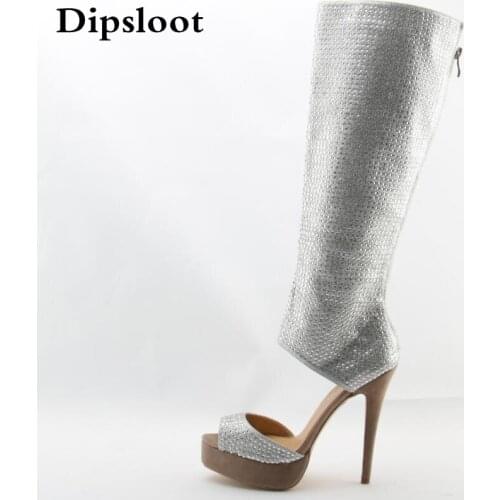 New Fashion Women Open Toe Rhinestone High Platform Gladiator Boots Cut-out Knee High Crystal High Heel Boots Dress Shoes