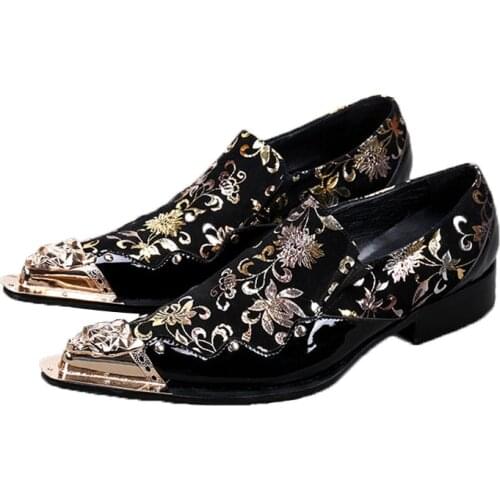 Batzuzhi-2020 Black color with Golden Flowers men leather shoes Banquet and Party men handmade Oxfords Plus size male dress Shoe