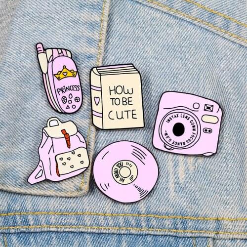 Backpack Book CD Mobile Phone Camera Brooch Pink Daily Supplies Enamel Pins Shirt Jackets Lapel Pin Cartoon Badge Girls Jewelry