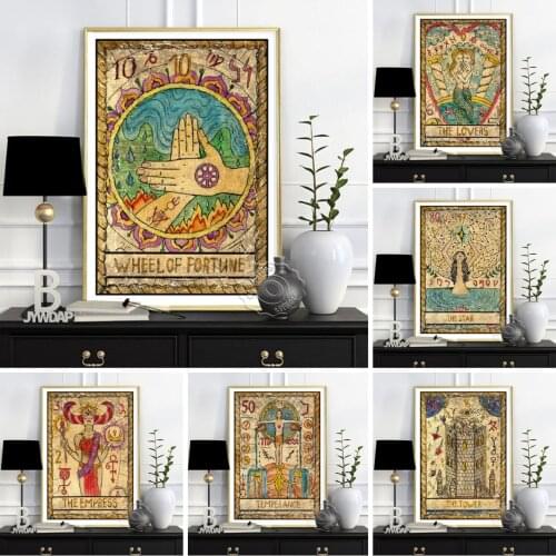 Old Tarot Cards Retro Poster, Tarot Card The Tower Lovers Star Empress Temperance Hiercphant Wheel Of Fortune Wall Picture Decor