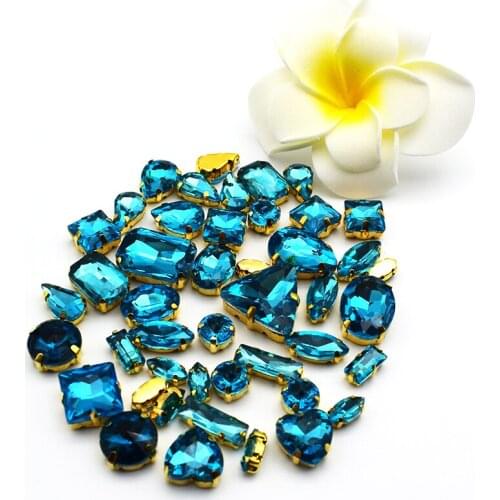 Super Flash Lake Blue Flat Gold Claw Crystal Mix Shape Glass Sew on Rhinestones DIY Material