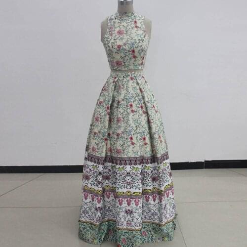 Vintage Long Satin Printed Prom Dresses with Pockets Floor Length Round neck Zipper Back A-Line Formal Party Dresses for Women