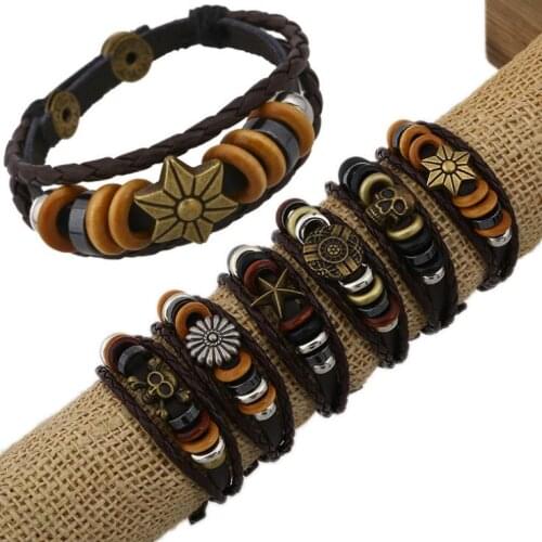 Vintage Retro Men Bracelet Women Multi-layer Leather Wristbands Hippie Skull Flower Beads Charm Wrap Bangle Rock Fashion Jewelry