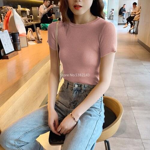 Womens O-neck Knitted Short Sleeve T-shirts Tops Girls Knit Stretchy Solid Base Tees T Shirts Tops for Women
