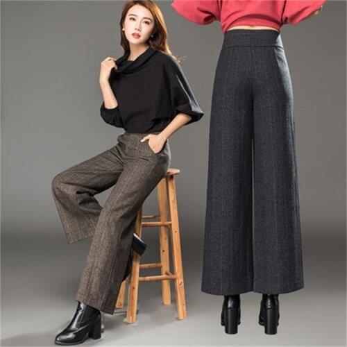 2017 Autumn New Women Woolen Wide Leg Pants Female Ankle Length Casual Loose pants Ladies Femme Pantalon Black Grey Plus Size