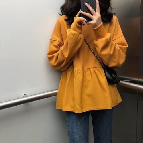 Peplum Sweatshirts Women 2020 Autumn Chic O Neck Long Sleeve Oversize Loose Ruffles Hoodies Female Tide Solid Color Cotton Tops