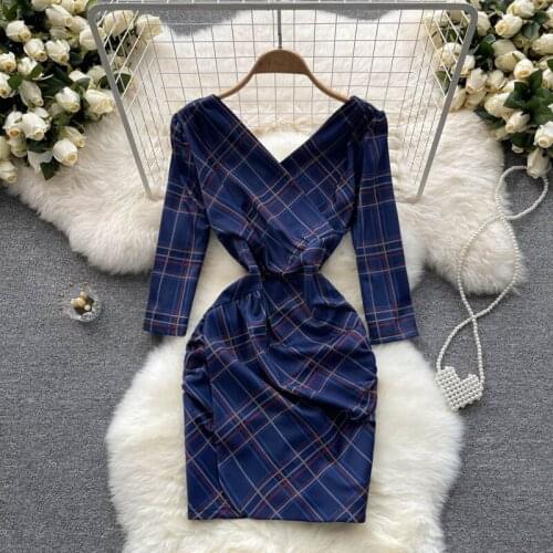 Korean Fashion Women Blue Plaid Print Vintage Dress 2021 Autumn Elegant V-neck Three Quarter Sleeve High Waist Mini Pencil Dress