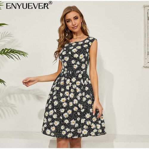 Enyuever Short Floral Dress Women Summer Vintage Clothes Sleeveless Backless Robe Pin Up Swing Party Casual Dress Sundresses
