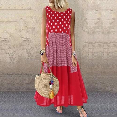 Dress women summer vintage Sleeveless O Neck Polka Dot Print Large Hem Patchwork Long Dress women dresses for party wedding