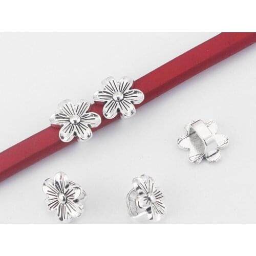 10pcs Plum Blossom Slider Spacer Charms Beads fit 10x6mm Licorice Leather Cord Jewelry Making Accessories