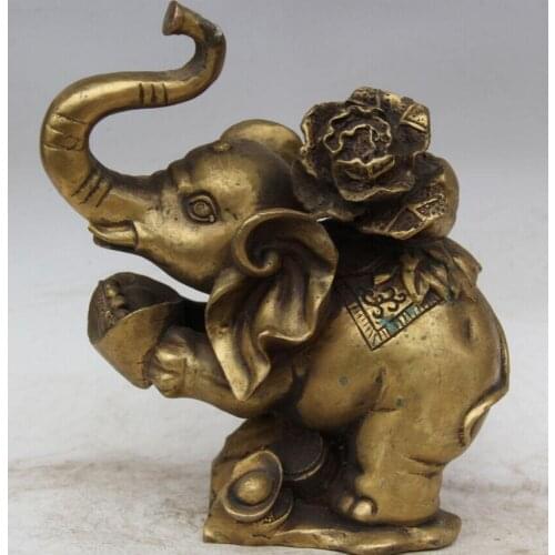 Fast shipping USPS to USA S2009 10" Chinese Brass cabbage Wealth Yuan Bao Auspicious elephant Statue sculpture