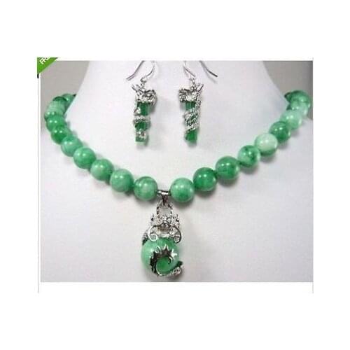 Nobility choker Natural beautiful color green gem dragon pendant necklace earring ( NO box ) mujer for women silver-jewelry