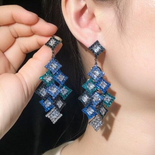 CWWZircons Luxury Long Dangle Drop Black Gold Color Blue CZ Earrings for Women Shiny Cubic Zirconia Bridal Wedding Jewelry CZ769