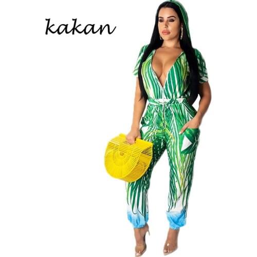 Kakan 2019 summer explosion digital print jumpsuit hooded short-sleeved zipper harem pants jumpsuit