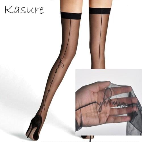 KASURE Harajuku Style Knee High Socks For Women Sexy Transparent Mesh Socks with Inscriptions Back Black Line Casual Style Femal
