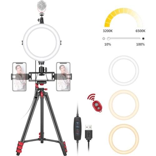 Neewer 8-Inch Selfie Ring Light with Tripod Stand, 3 Cold Shoes, 2 Phone Holders, LED Ring Light with Remote Kit: 3 Mode lights