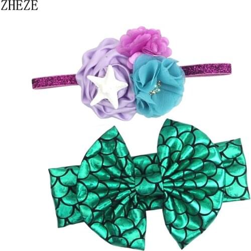 2Pcs/Set Starfish Mermaid Summer Headband For Baby Chiffon Flower Glitter Elastic Hairband Kids Rose Bow Hair Accessories