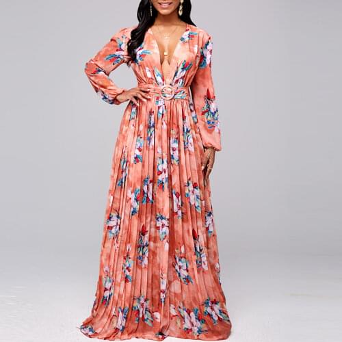 MISSJOY Women Elegant Long Sleeve Buckle Floral Print Pleated Hem Dress Sexy Big V-neck Belted Back Hollow Party Maxi Dress