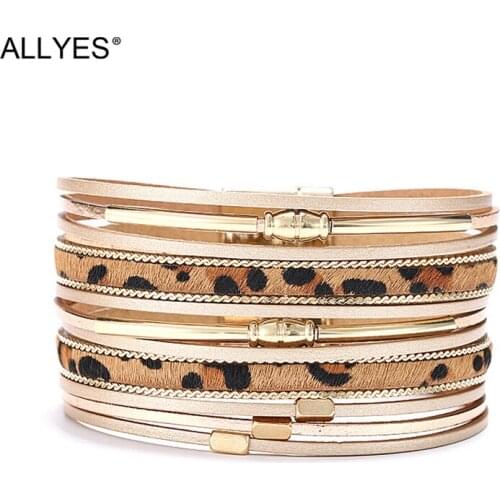 ALLYES Multilayer Leopard Leather Bracelets for Women Fashion Bohemian Magnetic Clasp Wide Wrap Bracelet Bangle Female Jewelry