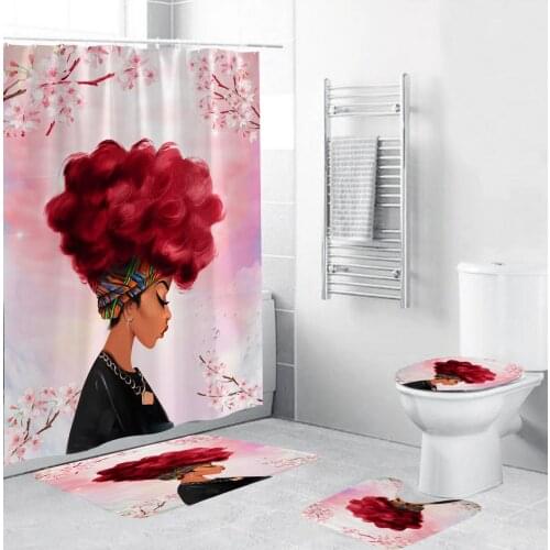 4 Pcs African Girl Bathroom Set 3D Shower Curtain Waterproof Polyest Bathroom Curtain Anti-slip Bath Mats Set Toilet Rugs Carpet