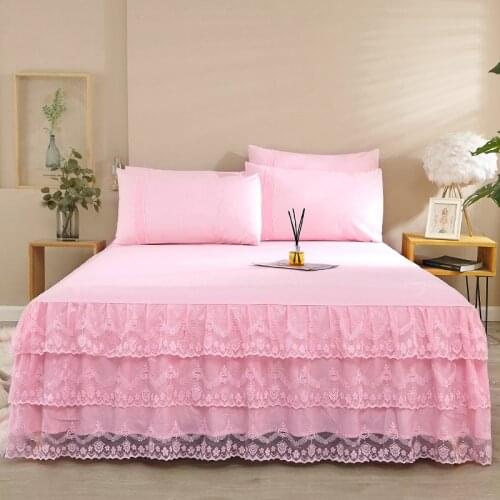 3pcs/Set Pink Beige Romantic Princess Bed Skirt Three Layer Lace Bedclothes Mattress Cover Double Single Home Textile 1.5/1.8/2M