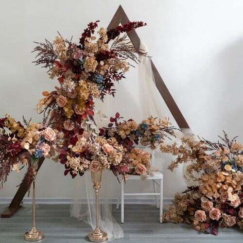 The new wedding autumn color simulation set floral design caramel color is fake flower runway road flower hall background decora