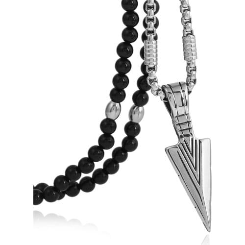 Punk Stainless Steel Arrow Pendants Necklace with Fashion Cool Black Natural Stone Chain 26"