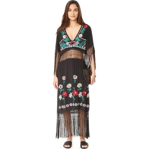 Boho Floral Embroidery Dress Women Clothing 2020 Gypsy Hippie Dress Long Sleeve Loose Casual Cotton Tassel Long Dresses Vestidos