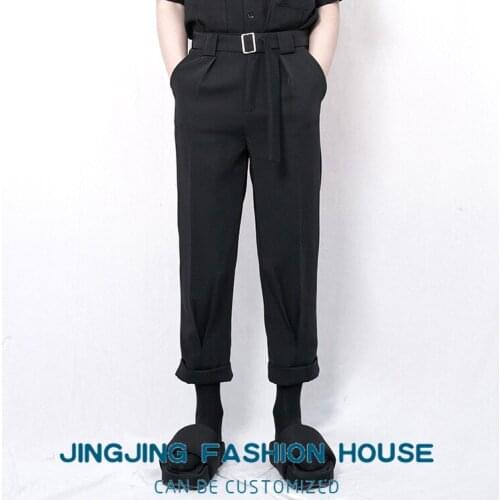 S-6XL!! 2021 Mens Casual Pants Nine Cent Pants with Belted, slim and Curled Classic Black Harlem Pants