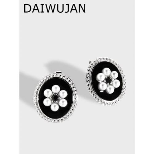Ins Niche Design 925 Sterling Silver Oval Glazed Pearl Flower Earring For Women Retro Black Gemstone Stud Earrings Korean
