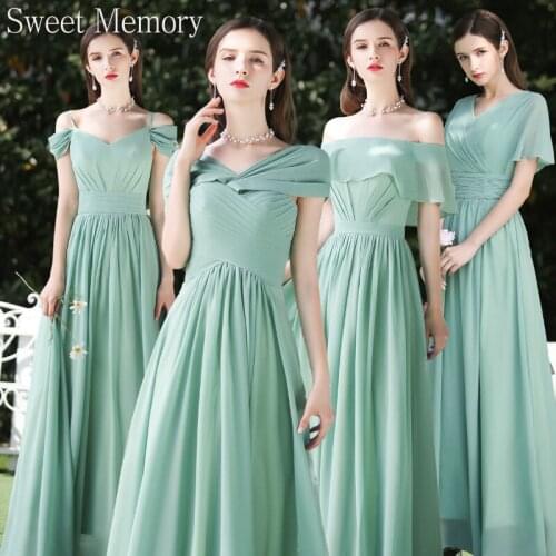 2021 Chiffon Green Bridesmaid Dresses Boat Neck Half Sleeve Wedding Party Dress Long Prom Vestido Robe De Soiree Sweet Memory