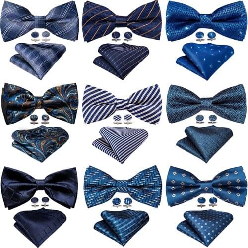 Blue Pre-Bow Tie For Mens Bowtie Silk Jacquard Plaid Bows Pocket Cufflinks Set Male Butterfly Party Wedding Barry.Wang
