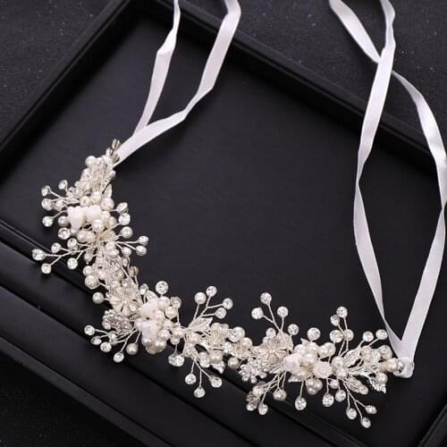 Wedding Hair Accessories Silver Color Pearl Flower Crystal Headband Bridal HairJewelry Wedding Hair ornaments Tiara Handmade