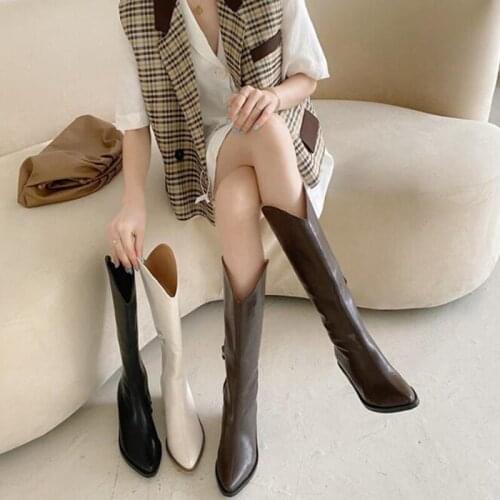 2020 Winter Women Beige Knee High Boots Riding Square Low Heel PU Zipper Botas Pointed Toe Shoes Footwear Long Boots Size 34-40