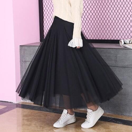 2020 Spring/Autumn Skirts Women High Waist Mesh Skirts Womens Solid A-Line Long Skirts Femme Casual Pleated Skirts Streetwear