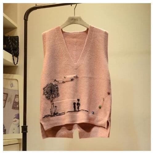 Pink UK Spring Fall Korean Japan V-neck Knit Sleeveless Sweater Vest Loose Coat Outcoat Lady Top Cloth for Women girl Waistcoat