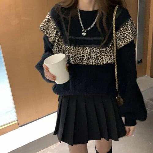 Leopard Lace Stitching Sweater Loose Sweet Lantern Sleeve Round Neck Knit Pullover Sweaters 2021 Spring Clothes Women