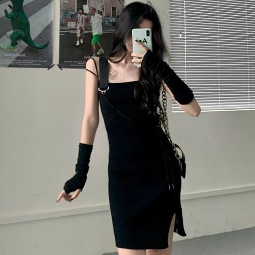 Ins Loose Split Sexy Strap Dress Womens Dresses Japanese Harajuku Vintage Ulzzang Female Korean Kawaii Cute Clothing For Women