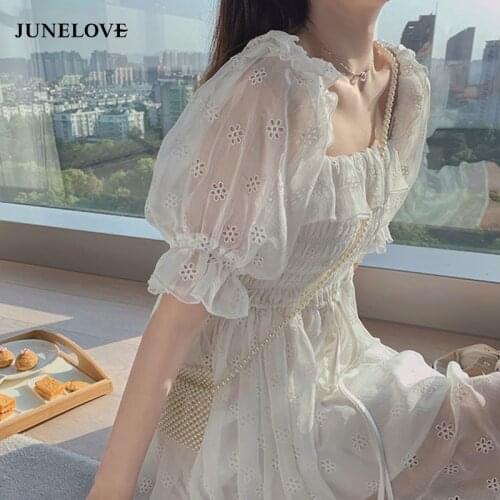 JuneLove French Summer Dress Women White Puff Sleeve Korean Style Fairy Dress Lace Chiffon Kawaii Elegant Vintage Dress Vestidos