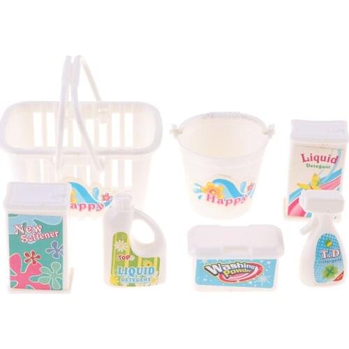 7Pcs/Set Doll Cleaning Bucket Shopping Basket Detergent Laundry Detergent Toy Hand Basket Model Doll House Miniature
