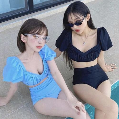2021 Fashion New Solid Color Sexy Puff Sleeve V-Neck Folding Decoration High Waist Sisters Bikini Hot Spring Vacation Swimsuit