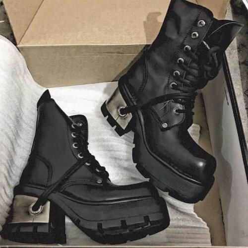 FONBERRY Metal Heel Black Punk Platform Motorycycle Boots Women Round Toe Martin Boots Chunky Heel Goth Shoes Women Y2K Shoes