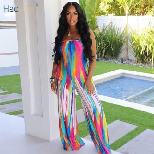 HAOYUAN Tie Dye Women Summer Jumpsuit Backless Strapless Birthday Outfits Wide Leg Pants One Piece Clubwear Sexy Bandage Rompers
