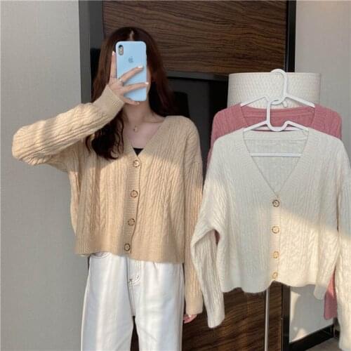 Women Knitted Cardigans Sweater Fashion Autumn Long Sleeve Loose Coat Casual Button Thick V Neck Solid Female Short Tops 2021