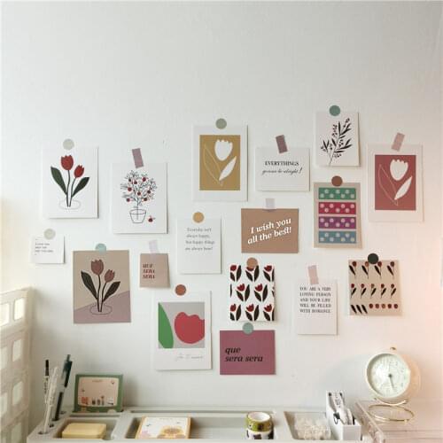 Ins Tulip Card Set 17 Sheets Flowers English Greeting Postcard Cute Photo Props Background Home Decoration Picture Wall Sticker