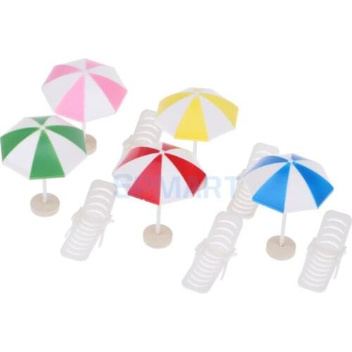 5 Set 1/12 Dollhouse Miniature Beach Deck Chair Umbrella - Garden Yard Seaside Decor - Photagraphy Props Kids Pretend Play Toy
